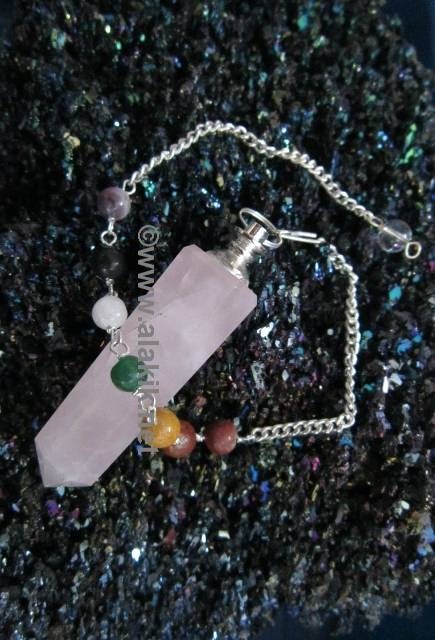 Picture of Rose quartz obelisk pendulum with chakra chain