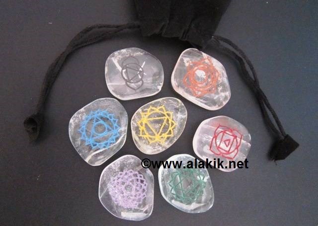 Picture of Crystal Quartz Engrave Chakra Colourful palmstone set with pouch