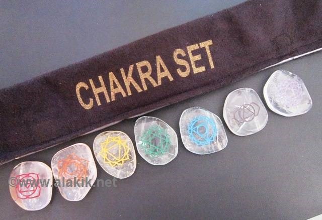 Picture of Crystal Quartz Engrave Chakra Colourful  palmstone set with velvet purse