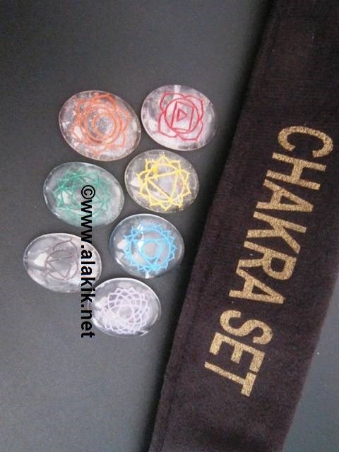 Picture of Crystal quartz Engrave Chakra Colourful  oval Set with velvet purse