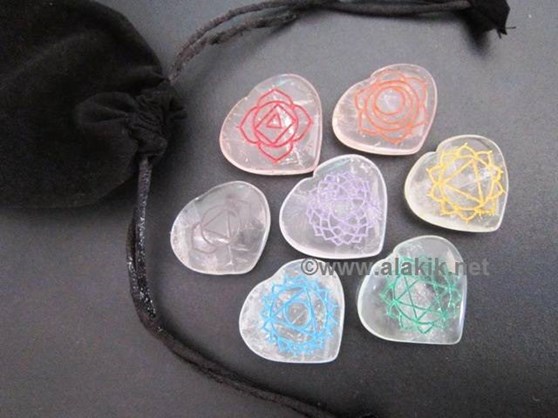 Picture of Crystal quartz Engrave Chakra Colourful  heart set with pouch