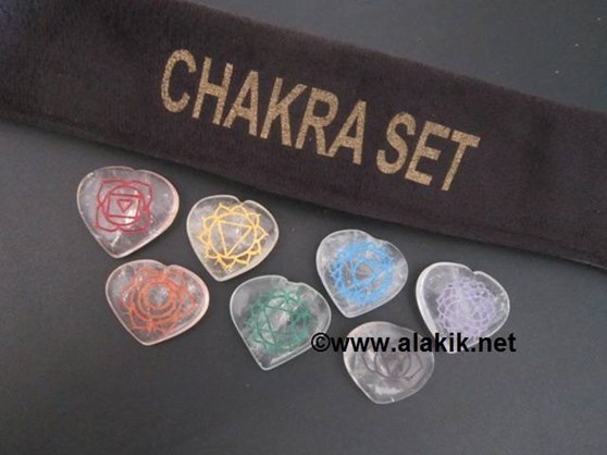 Picture of Crystal Quartz Engrave Chakra Colourful  heart set with velvet purse