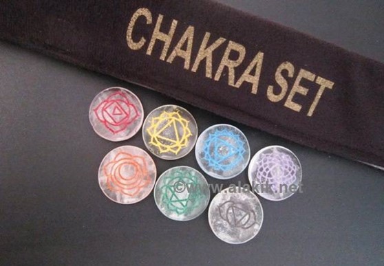 Picture of Crystal Quartz Engrave Chakra Colourful Disc set with velvet purse
