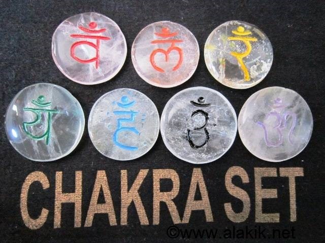 Picture of Crystal Quartz chakra Colour Sanskrit Disc Set with velvet purse