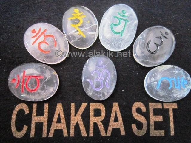 Picture of Crystal Quartz chakra Colour Sanskrit Oval Set with velvet purse