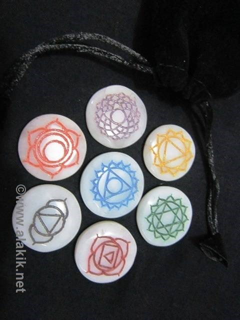 Picture of White Agate Engrave Chakra Colourful Disc set with pouch