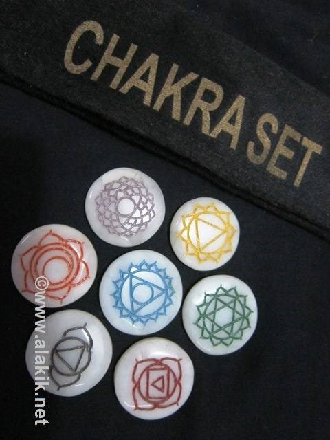 Picture of White Agate Engrave Chakra Colourful Disc set with velvet purse