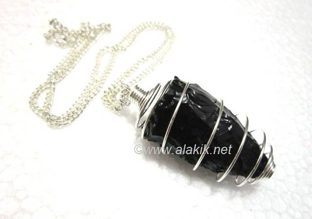 Picture of Black obsidian raw in silver Cage with Chain pendant