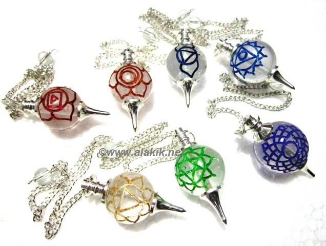 Picture of Crystal Quartz Colourful Engrave Chakra Silver Ball pendulum set