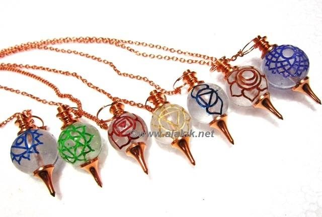 Picture of Crystal Quartz Colourful Engrave Chakra Bronze Ball pendulum set