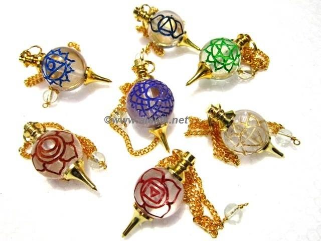 Picture of Crystal Quartz Colourful Engrave Chakra Golden Ball pendulum set