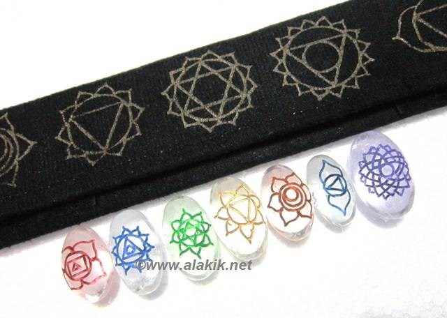 Picture of Crystal Quartz Lingam Colourful Engrave Chakra Set with Velvet purse