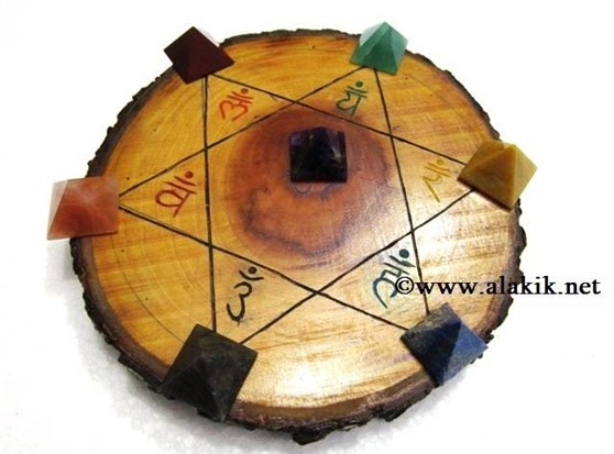Picture of Engrave Sanskrit Wooden Disc with chakra Pyramid set
