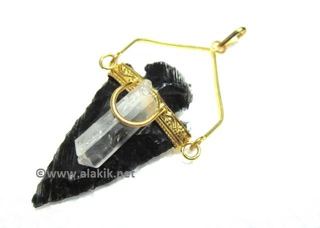 Picture of Golden Black Obsidian Arrowhead Raw Quartz Amulet