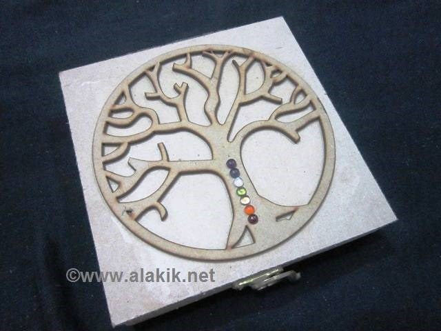 Picture of Flower of Life Embossed 7 Hole Wooden Box with chakra cabs