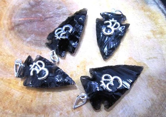 Picture of Black Obsidian Arrowhead Pendant with OM