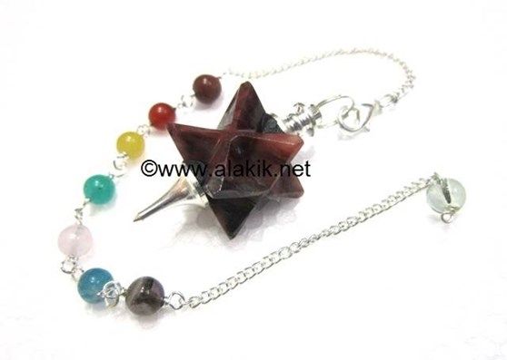 Picture of Red Tigery Eye Merkaba Metal Mounted Pendulum with Chakra Chain