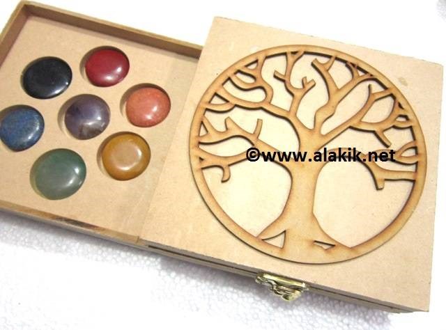 Picture of Flower of Life Embossed 7 Hole Wooden Box with Chakra Disc Set