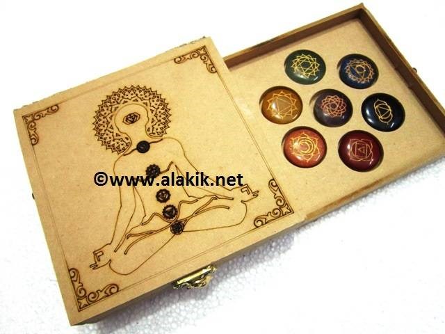 Picture of Buddha Chakra Itch Chakra Wooden Box with Engrave Chakra Disc sets