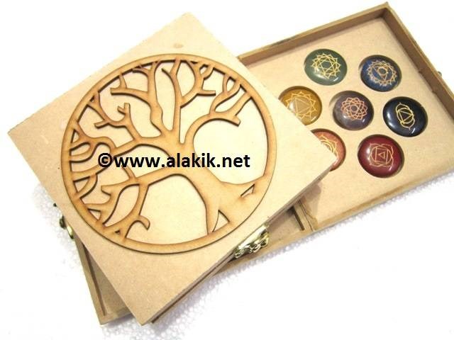 Picture of Flower of Life Embossed 7 Hole Wooden Box with Chakra Engrave Disc Set