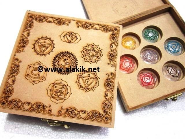 Picture of Chakra Mandala Itched 7 Hole Wooden Box with Colourful Crystal Disc set