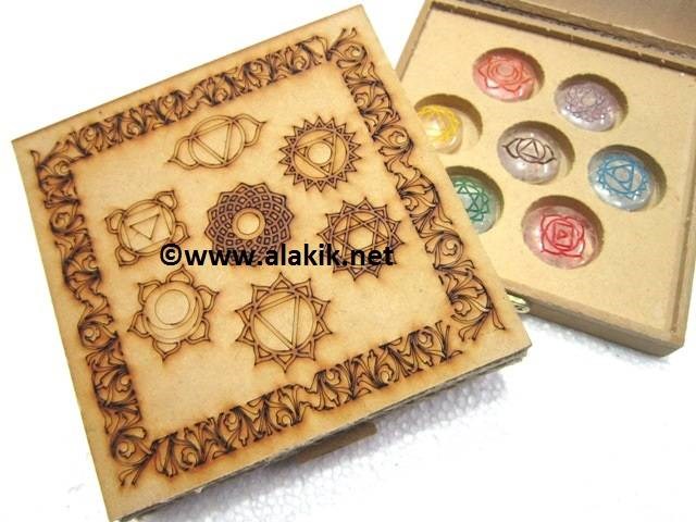 Picture of Chakra Mandala Itched 7 Hole Wooden Box with Colourful Crystal Disc Set