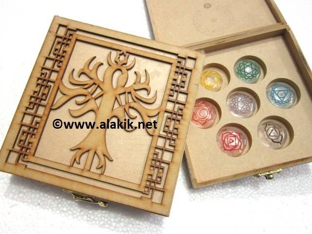 Picture of Chakra Tree of Life Embossed 7 Hole Wooden Box with Colourful Crystal Disc Set